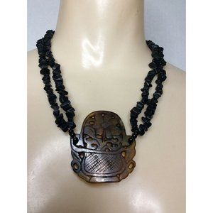 Flower Basket Carved stone Black Beaded beads handmade Pendant Necklace